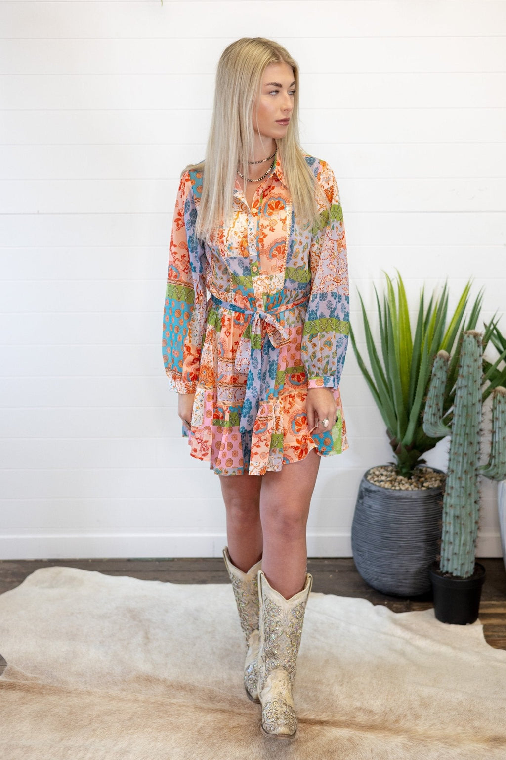 Boho Floral Patchwork Chiffon Shirt Dress