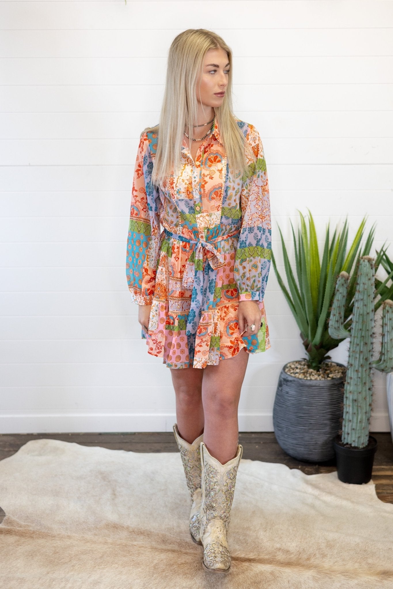 Boho Floral Patchwork Chiffon Shirt Dress