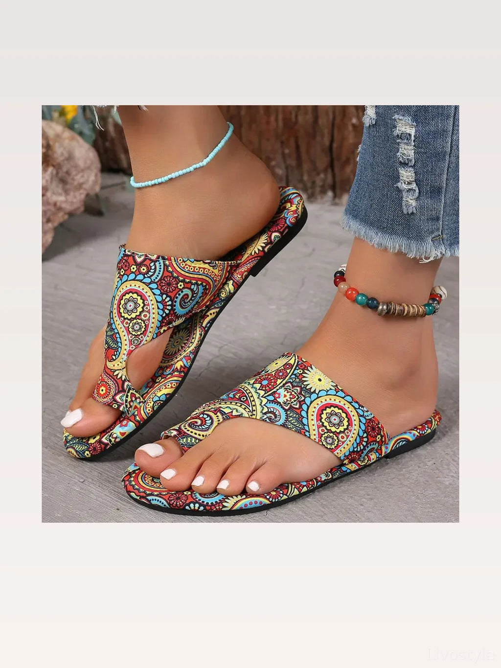 Paisley Print Boho Toe Loop Flat Sandals